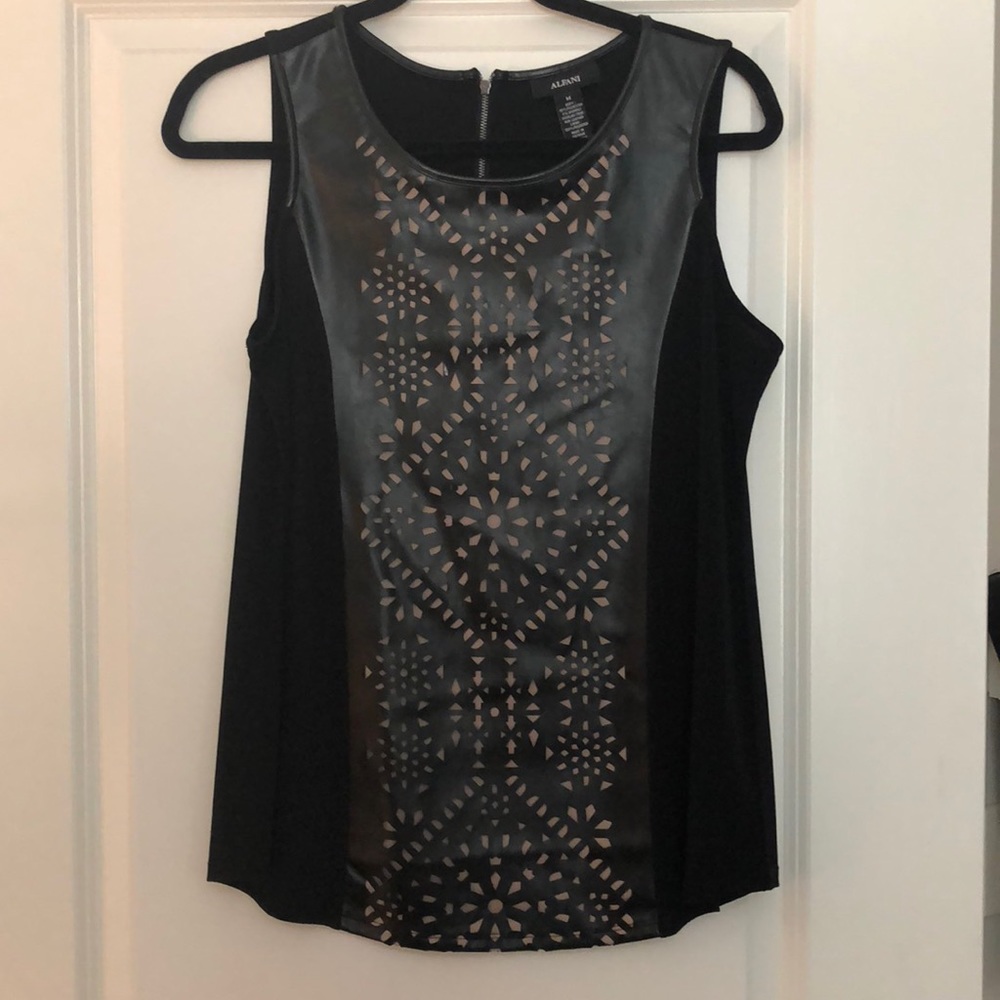 Black sleeveless blouse with pleather accent panel